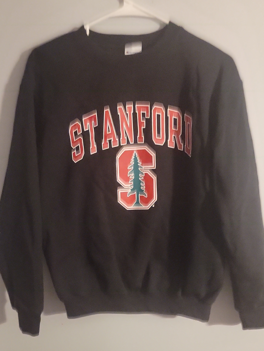 Kids 10/12 Champion Stanford Black Crewneck Sweatshirt with Red and Green Logo